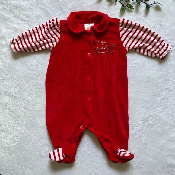 Tots Fifth Avenue Baby Footed Romper Size 6M | Red Velour Striped Pajamas VGUC - Picture 1 of 16
